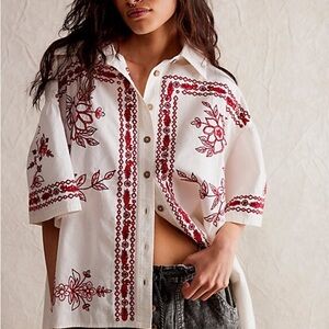 Free People White and Red Oversized Button Down Shirt
